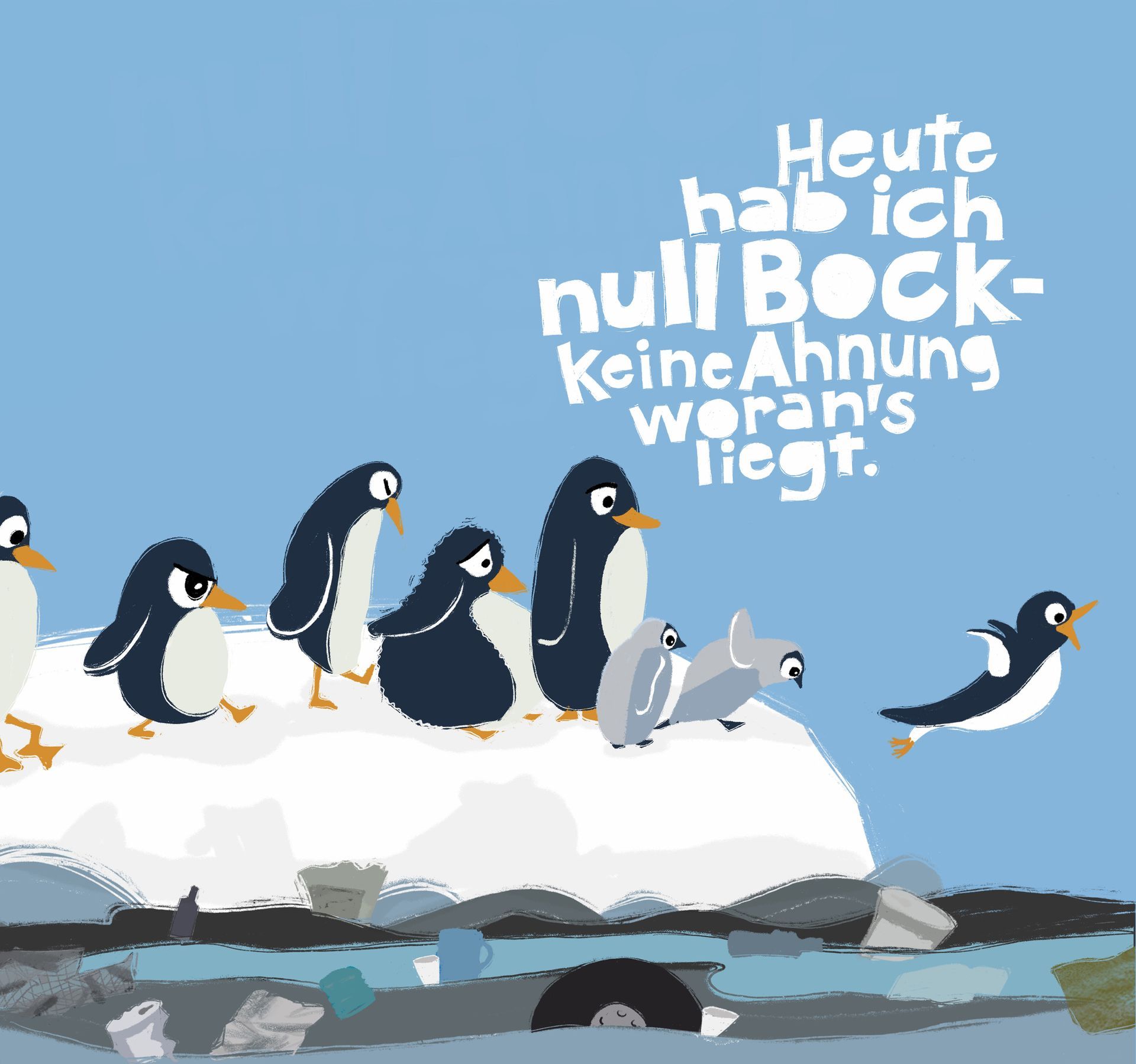 Satirische Illustration mit verspieltem Handlettering zum Tag des Pinguins
