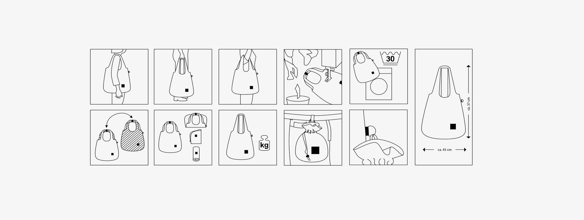 Icons zur Visualisierung als Bedienungsanleitungen für einen Taschenhersteller