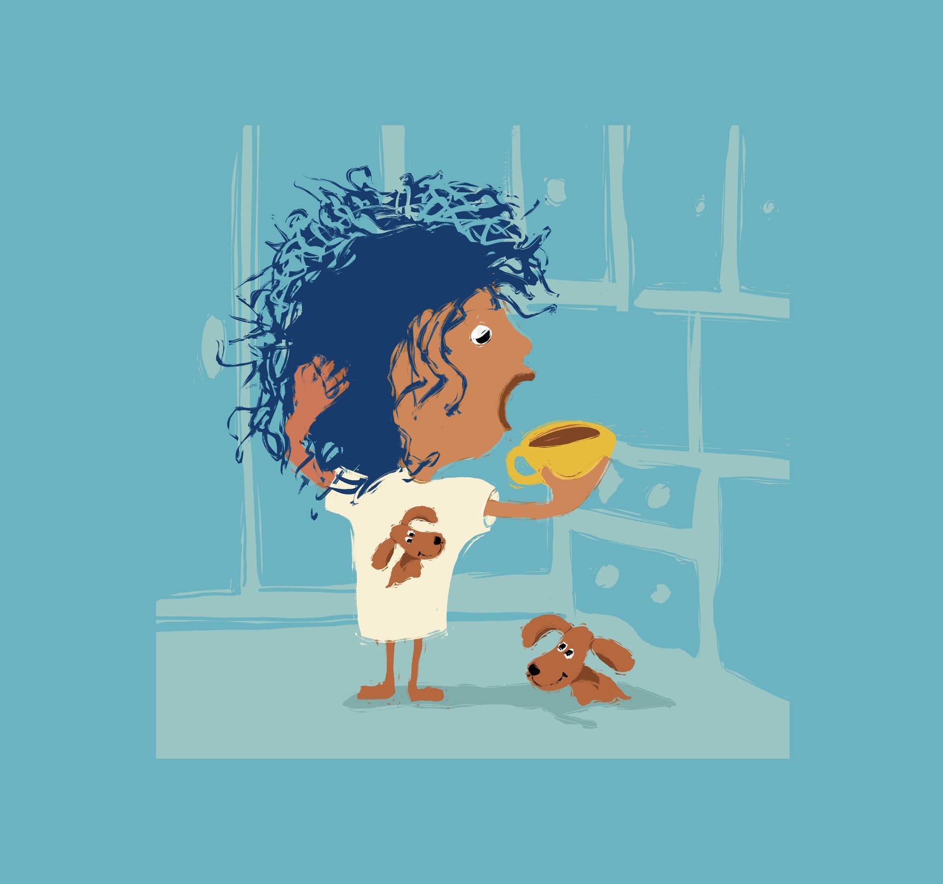 Cartoon Character einer Kaffee trinkenden Person mit einem kleinen Hund