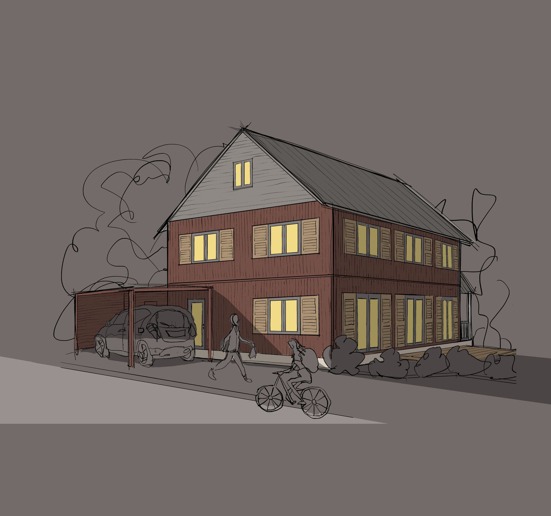 Illustration eines Wohnhauses in Holzbauweise zur Visualisierung für den Kunden