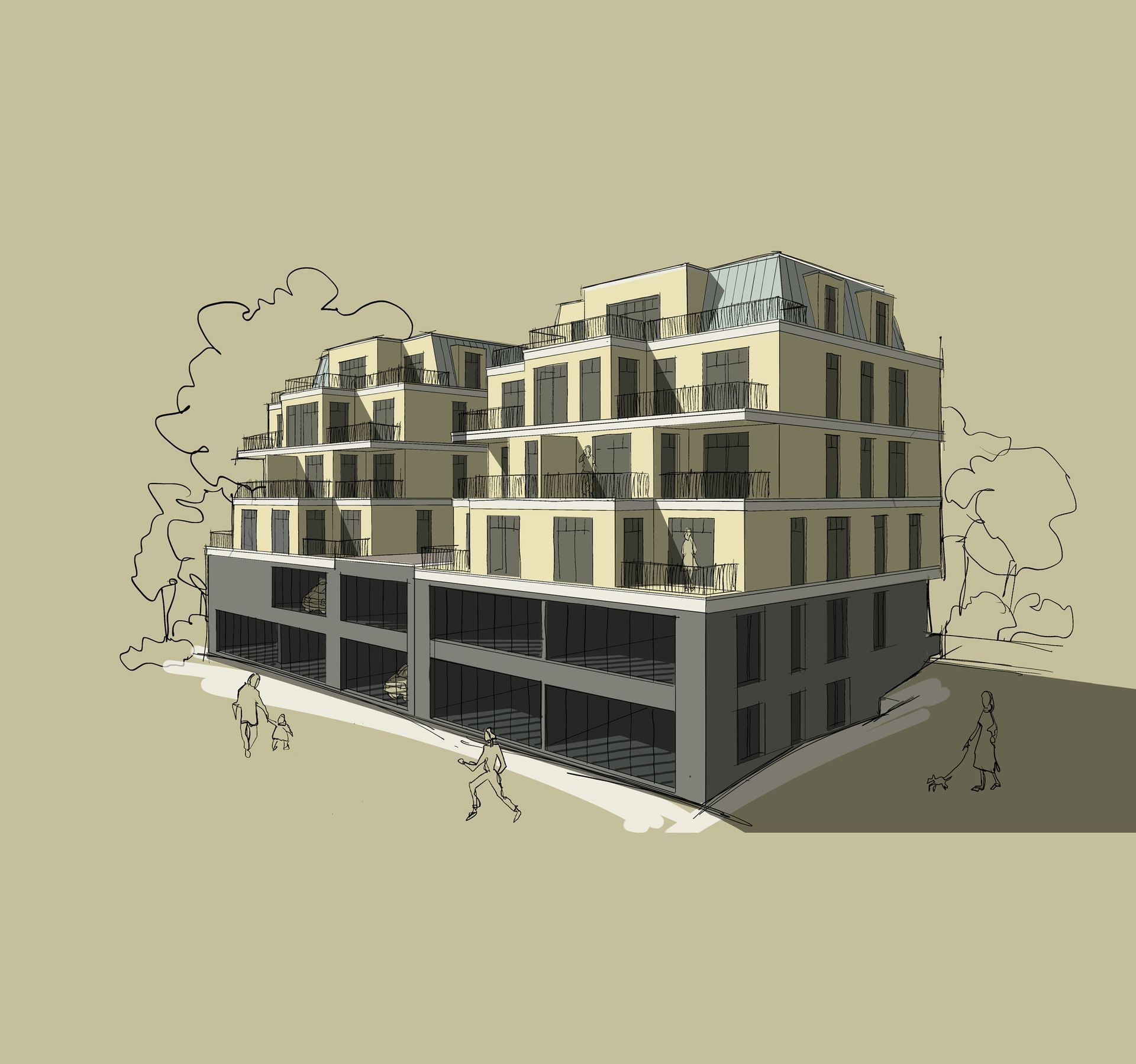 Architektur Visualisierung eines mehrstöckigen Wohnkomplexes nach Bauplänen