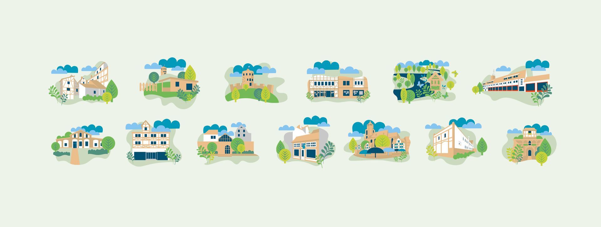 Minimalistische Illustrationen verschiedener Gebäude und Gebäudekomplexe aus Homberg (Efze). Stationen der Stadtentwicklung zur Visualisierung verschiedener Medien.