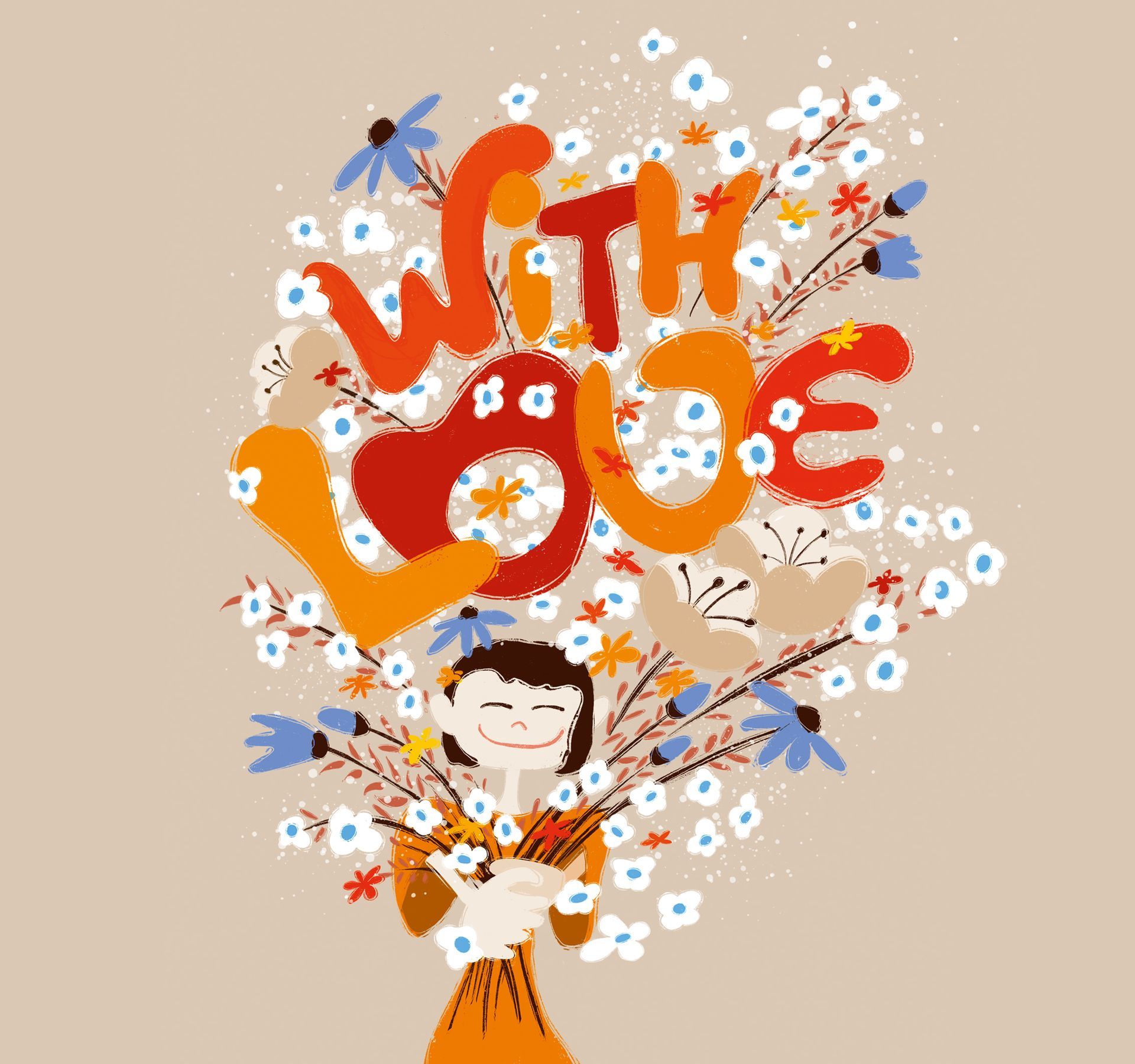 Illustration einer Cartoon-Figur, die einen Blumenstrauß in der Hand hält in dem in verspielter Typografie