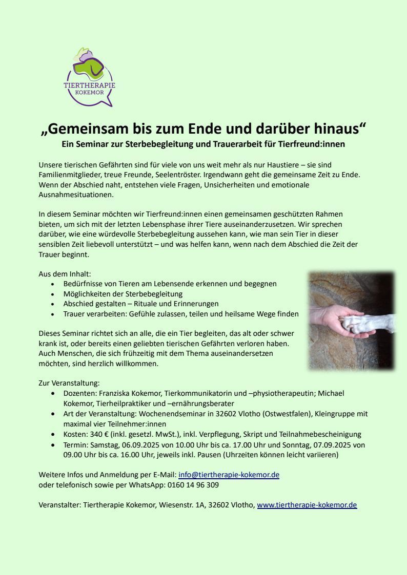 Sterbebegleitung Trauerarbeit Seminar zur Sterbebegleitung und Trauerarbeit für Tierfreund:innen