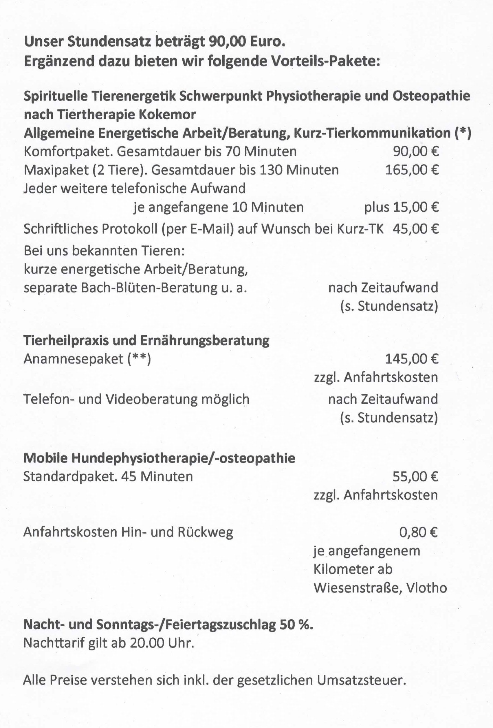 Unsere Leistungen Preisliste, unsere Leistungen, Kosten