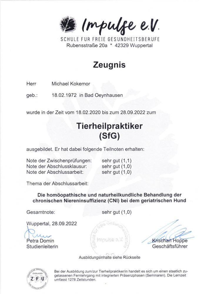 Zertifikat Tierheilpraktiker, Zertifikat Tierheilpraxis