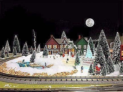 Flag. Victory Bank train display pond. Skaters skating by moonlight.