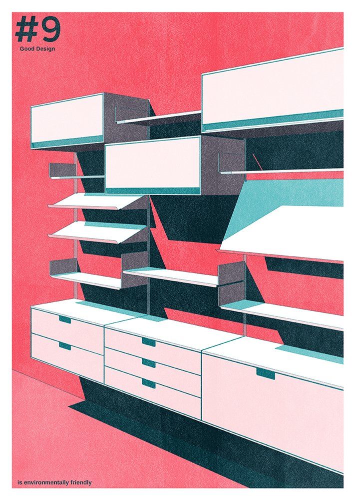 Vitsoe Red Teal Riso Risograph Poster Shelves