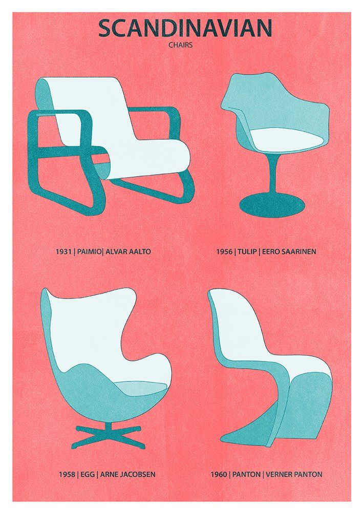 Scandinavian Chairs design furniture illustration poster print