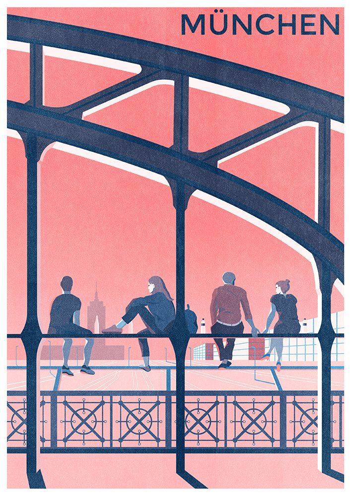 Munich München Germany bridge vintage retro illustration risograph print poster by Haus der Riso