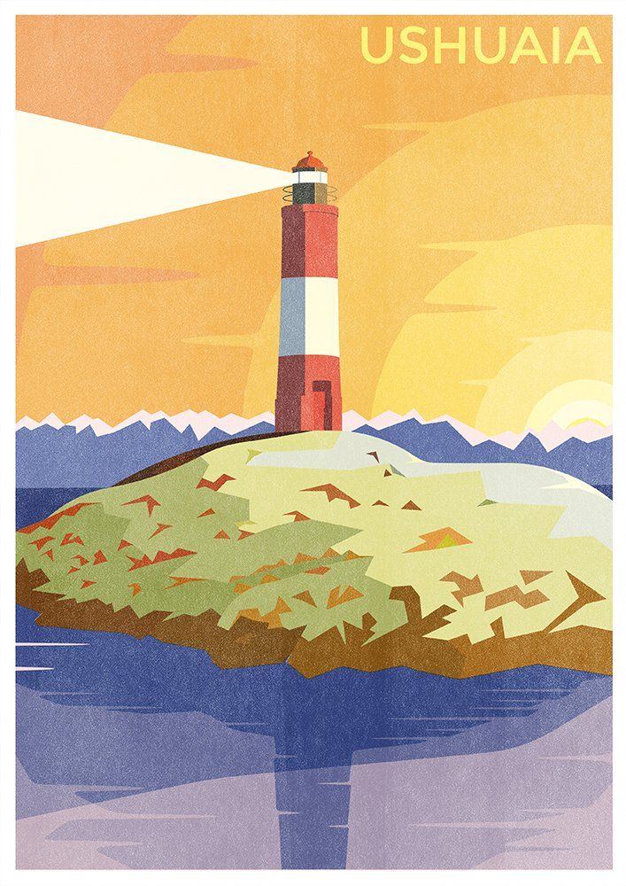 Ushuaia Argentina lighthouse vintage retro illustration risograph print by Haus der Riso