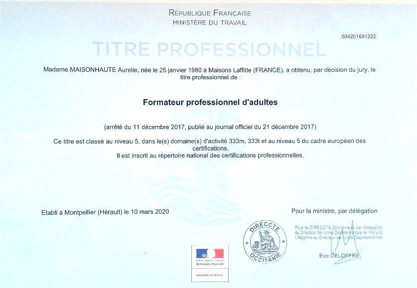 Titre pro de formateur professionnel d'adultes UP TOURISME Aurélie MAISONHAUTE-CHETCUTI