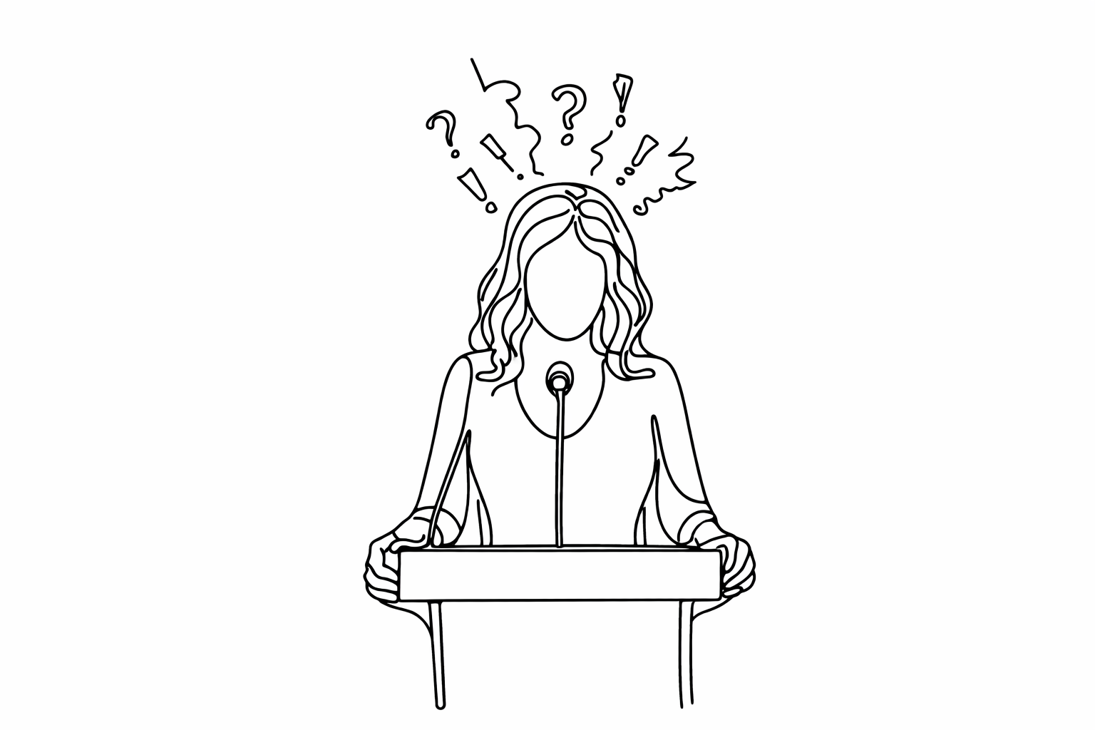 Zeichnung einer Frau, die vor einem Rednerpult steht, und Fragezeichen über dem Kopf hat.