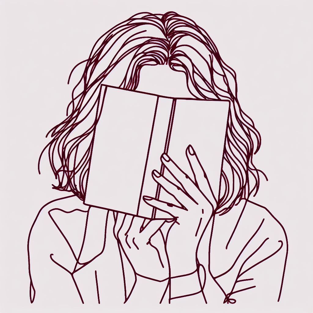 Frau versteckt ihr Gesicht hinter einem Notizbuch