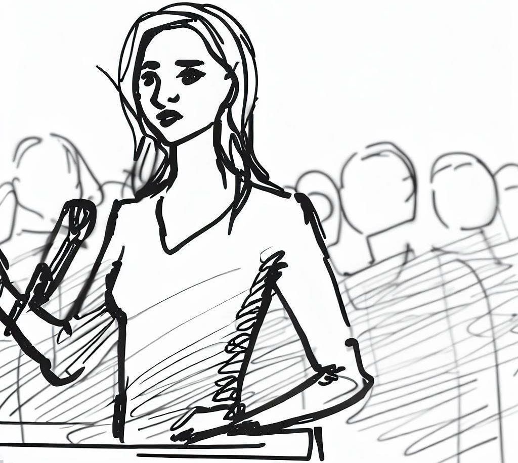 Zeichnung von Frau am Rednerpult