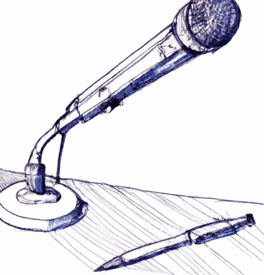 Zeichnung von einem Mikrofon und einem Stift, die auf einem Rednerpult liegen