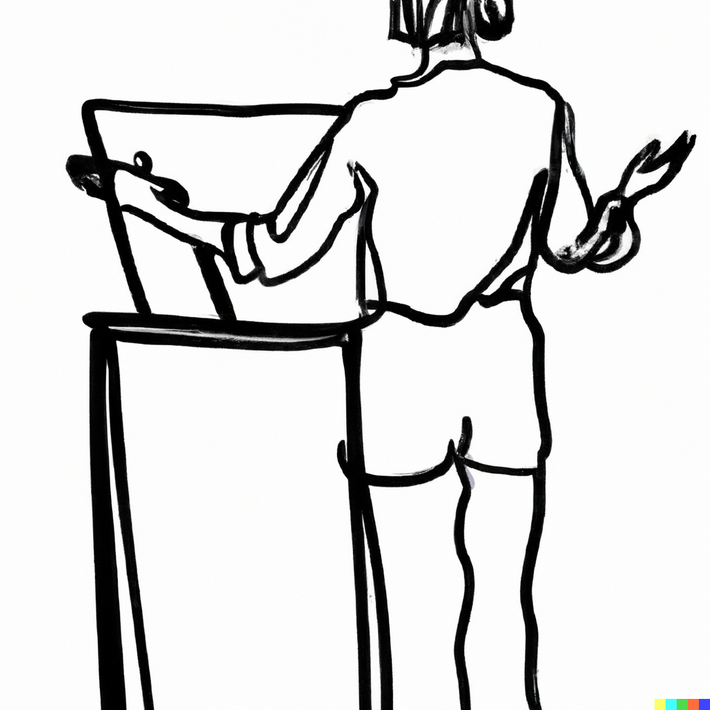 Zeichnung von einer Frau, die am Rednerpult steht und eine Präsentation hält
