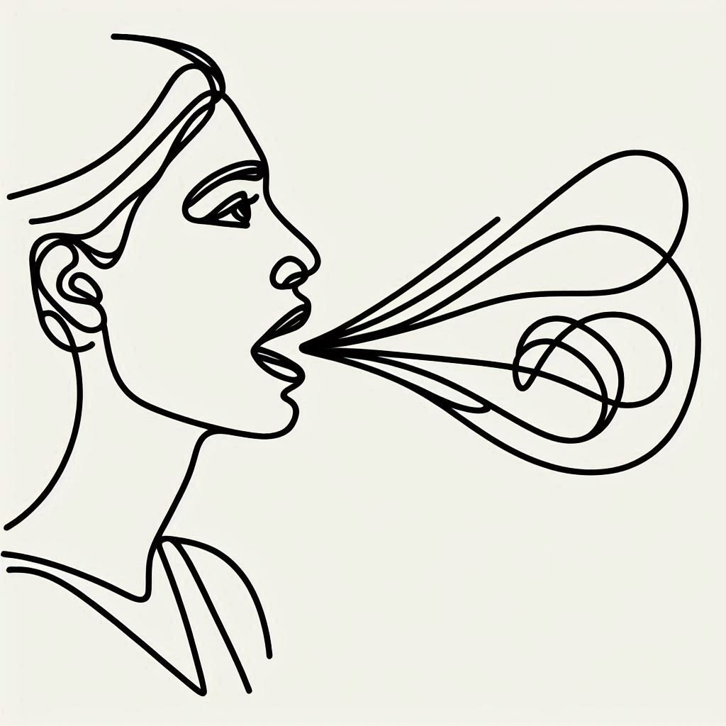 Zeichnung von Frau, die spricht. Aus ihrem Mund kommen Töne.