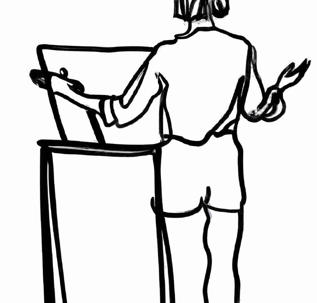 Frau von hinten am Rednerpult stehend (Zeichnung)