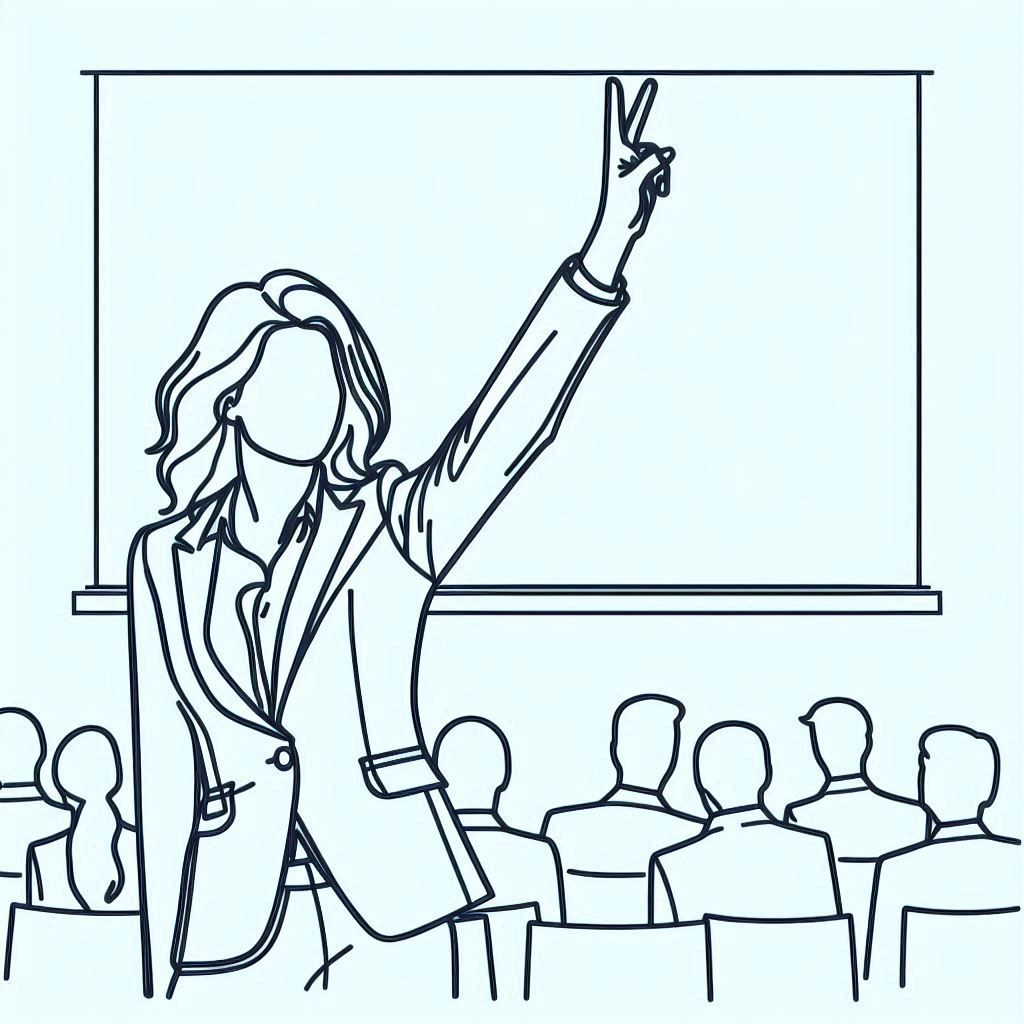 Zeichnung von einer Business-Frau, die mit der linken Hand ein Victory-Zeichen macht. Im Hintergrund sitzt eine Gruppe von Zuhoerern.