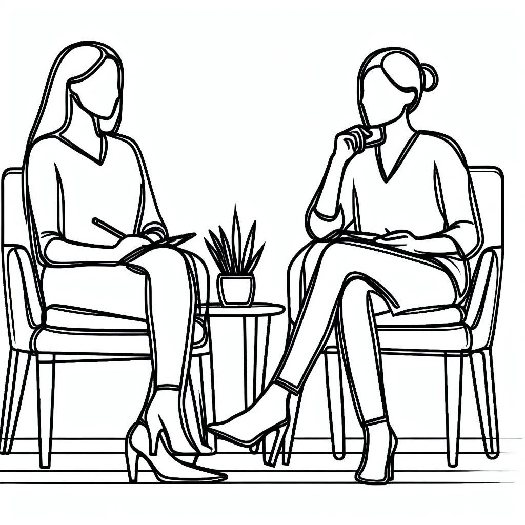 Zwei Frauen im Gespräch sitzen einander gegenüber auf Sesseln (Zeichnung)