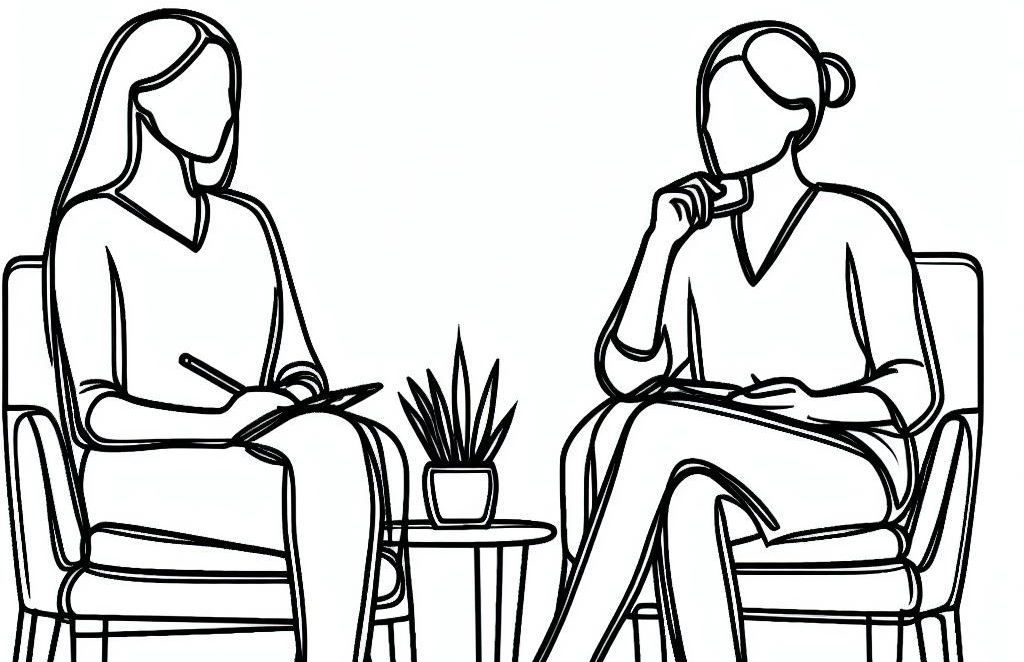 Zwei Frauen sitzen einander gegenüber auf Sesseln und sprechen miteinander (abstrakte Zeichnung)