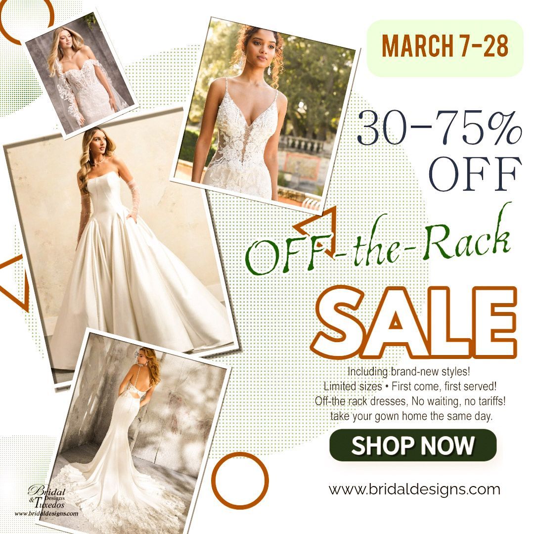 wedding dress off the rack sample sales 30-75% off Maggie Sottero and Allure and Mori Lee bridal gowns.