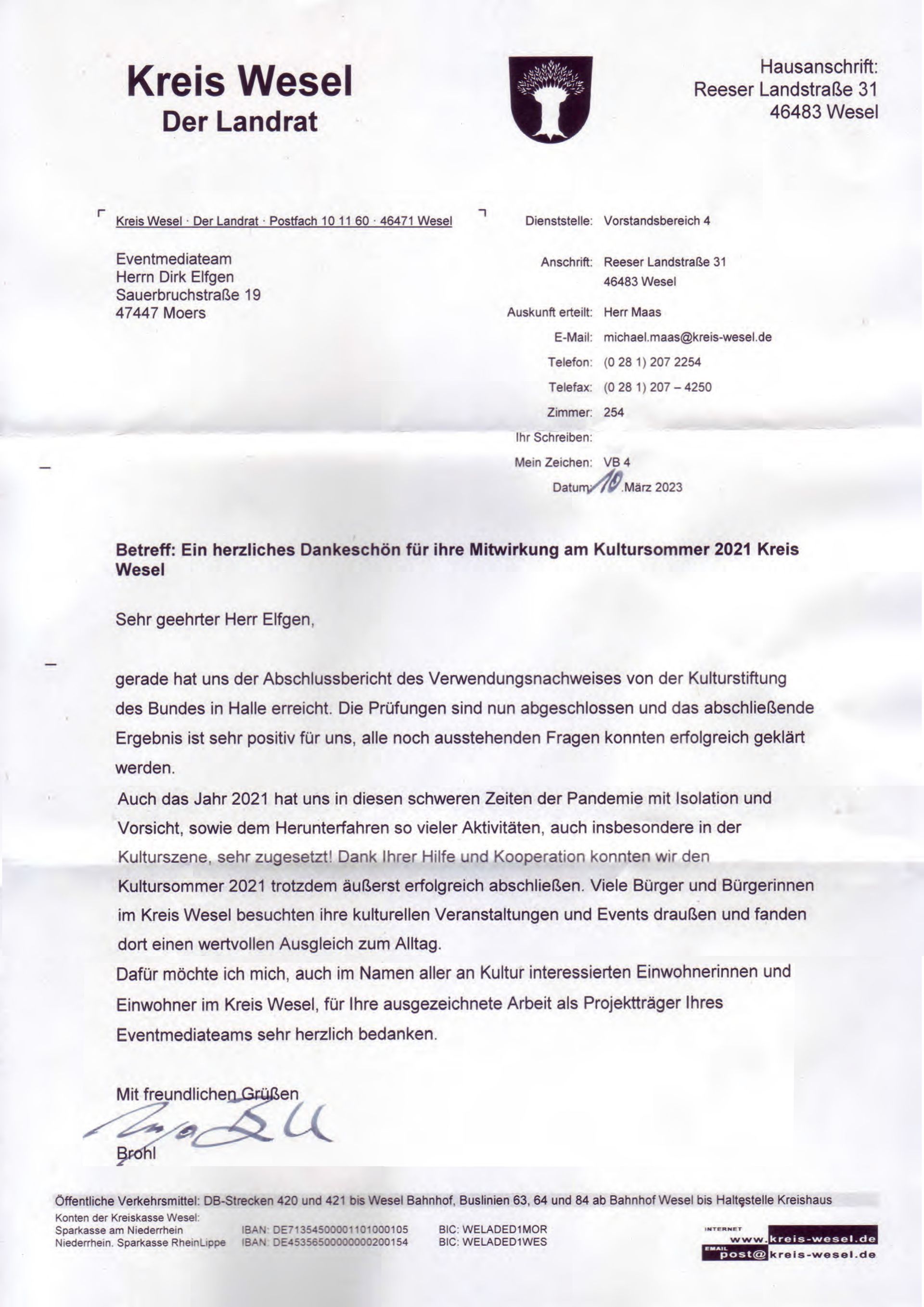 Dankschreiben des Kreises Wesel! Dankschreiben des Kreises Wesel!