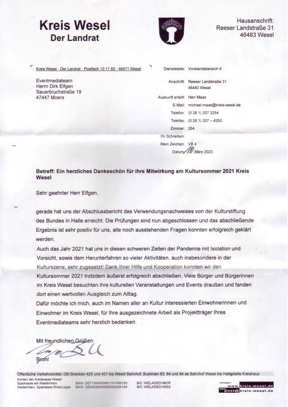 Dankschreiben des Kreises Wesel! Dankschreiben des Kreises Wesel!