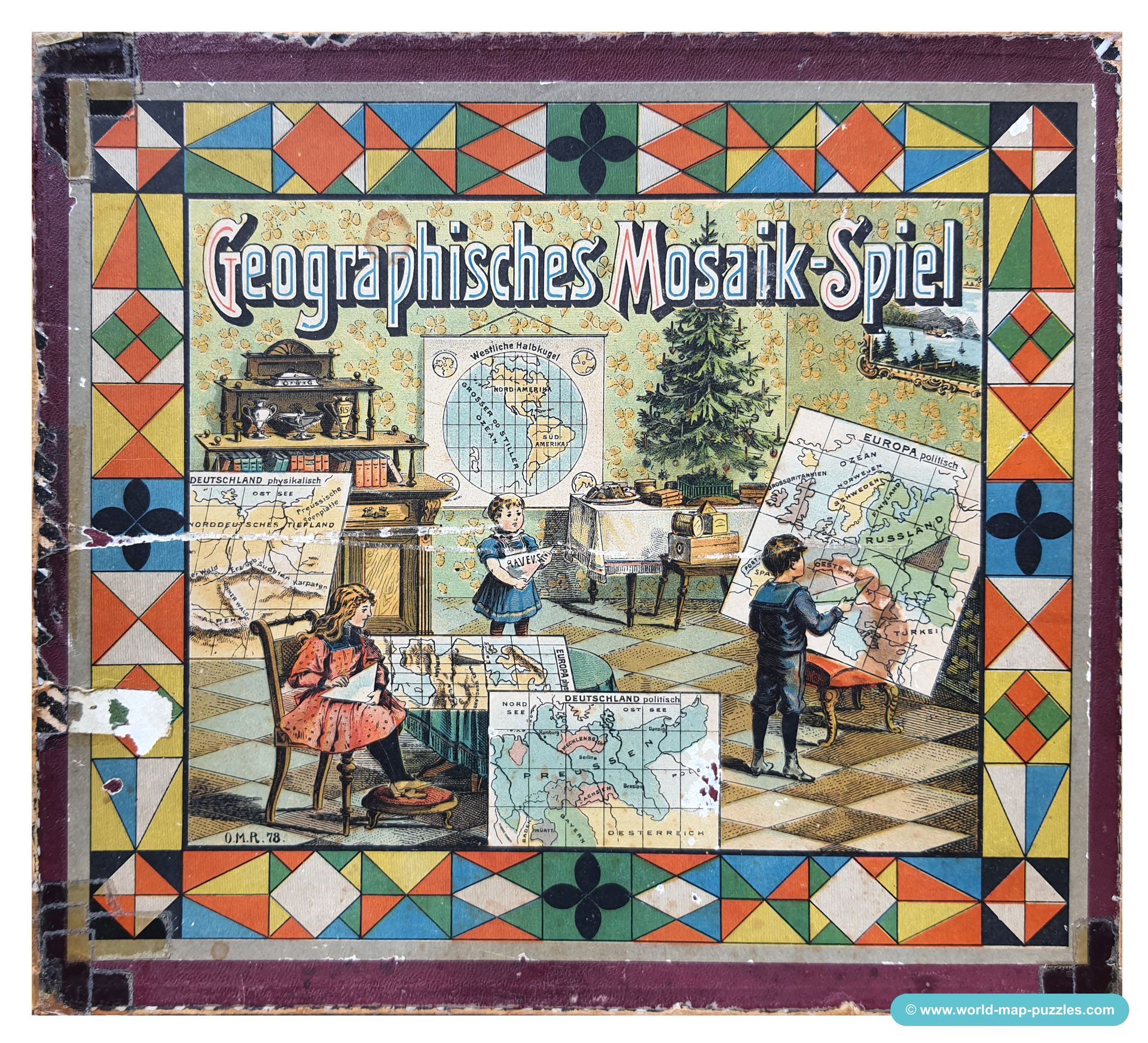 Geographisches Mosaik-Spiel Otto Maier Ravensburg
(Geographical Mosaic Game)
Box Cover
Map Puzzle
