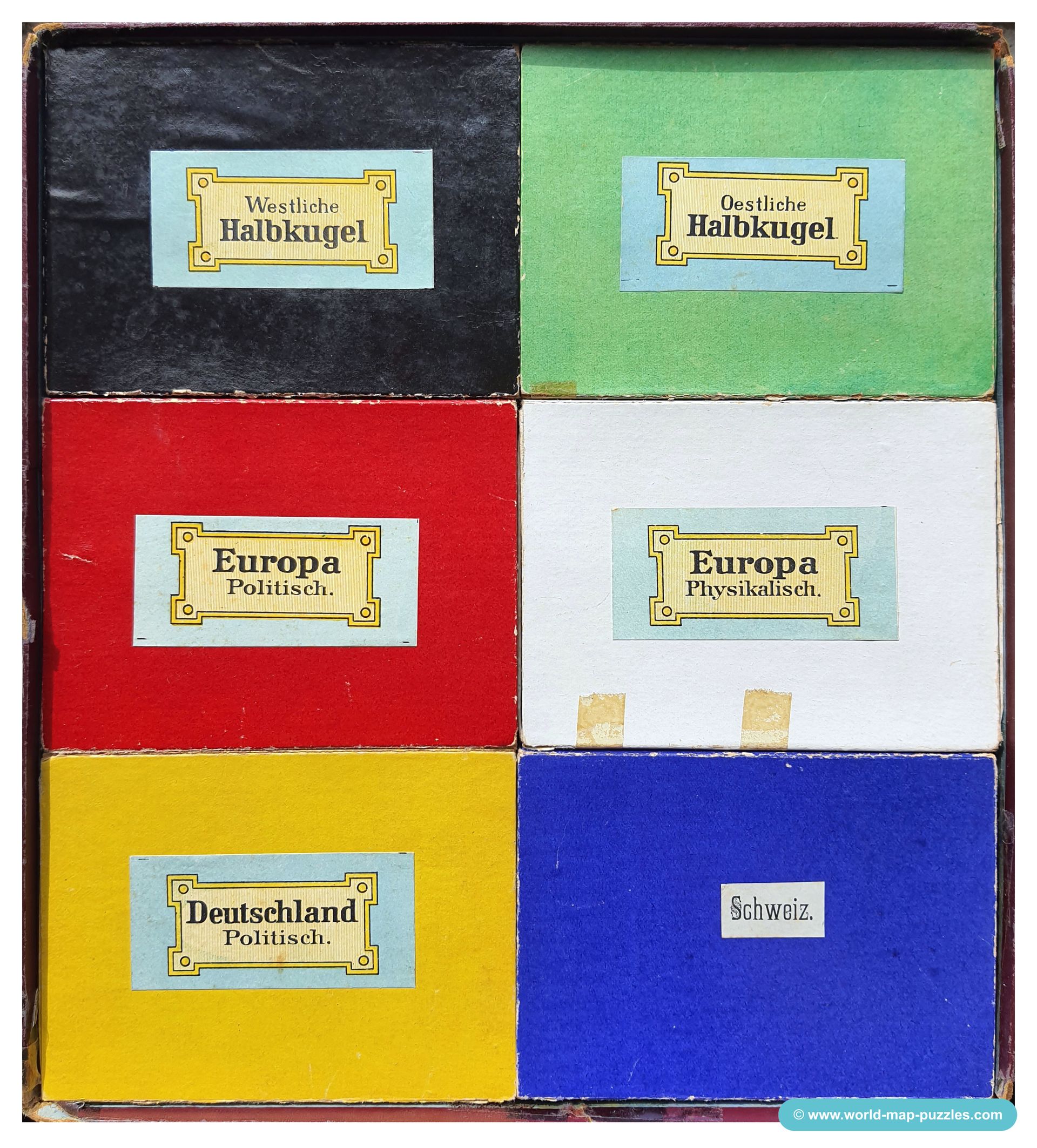 Geographisches Mosaik-Spiel Otto Maier Ravensburg
(Geographical Mosaic Game)
Box Content
Map Puzzle