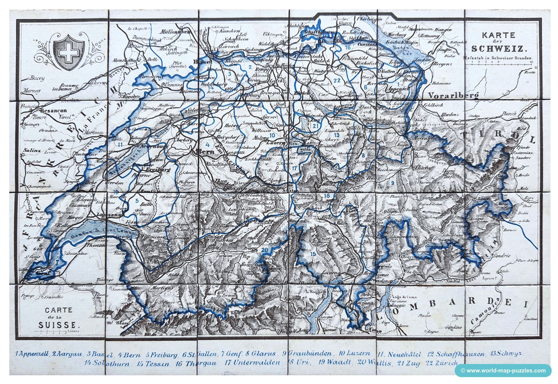 Geographisches Mosaik-Spiel Otto Maier Ravensburg
(Geographical Mosaic Game)
Map of Switzerland Map Puzzle