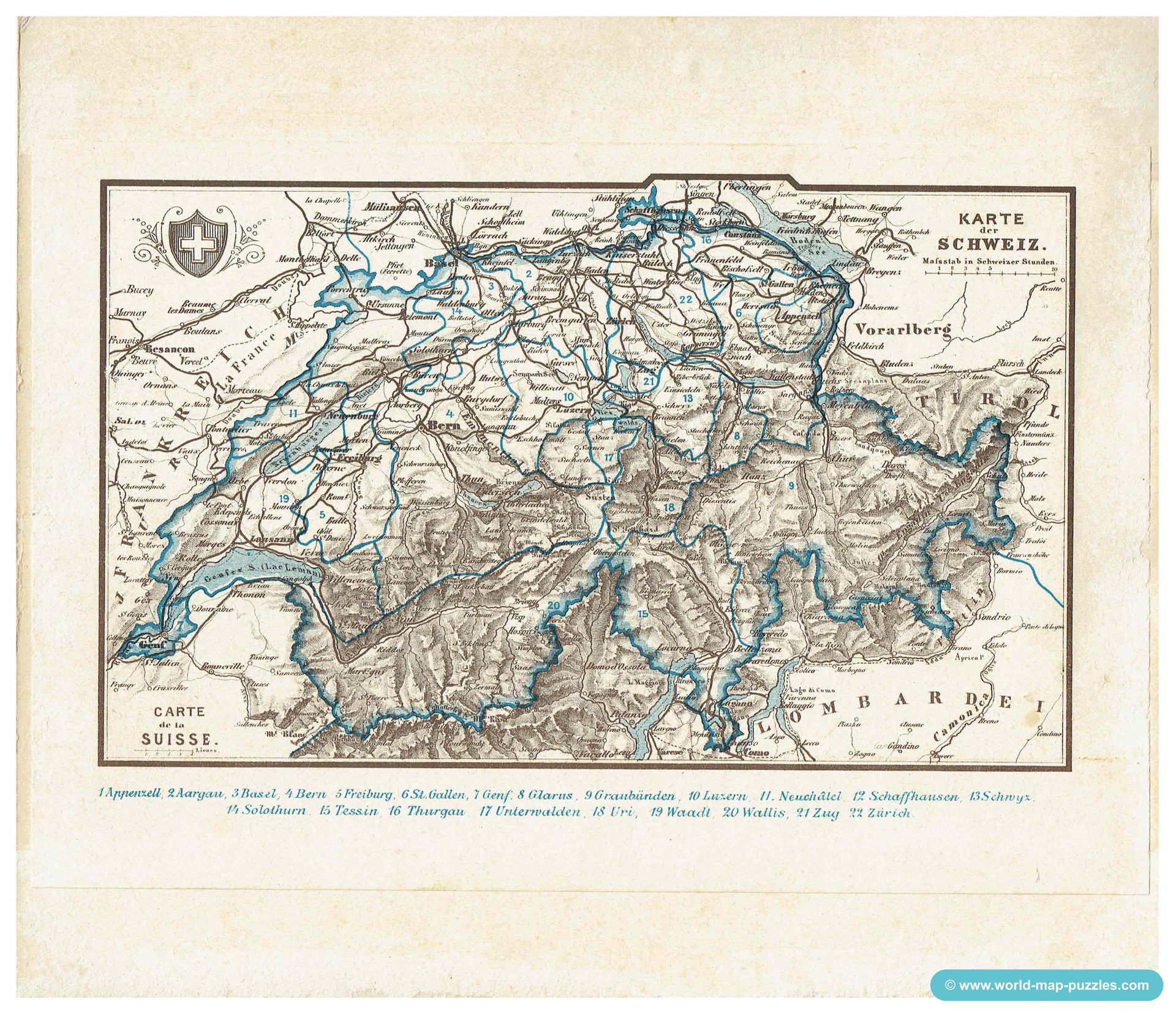 Geographisches Mosaik-Spiel Otto Maier Ravensburg
(Geographical Mosaic Game)
Map of Switzerland
Original map copy