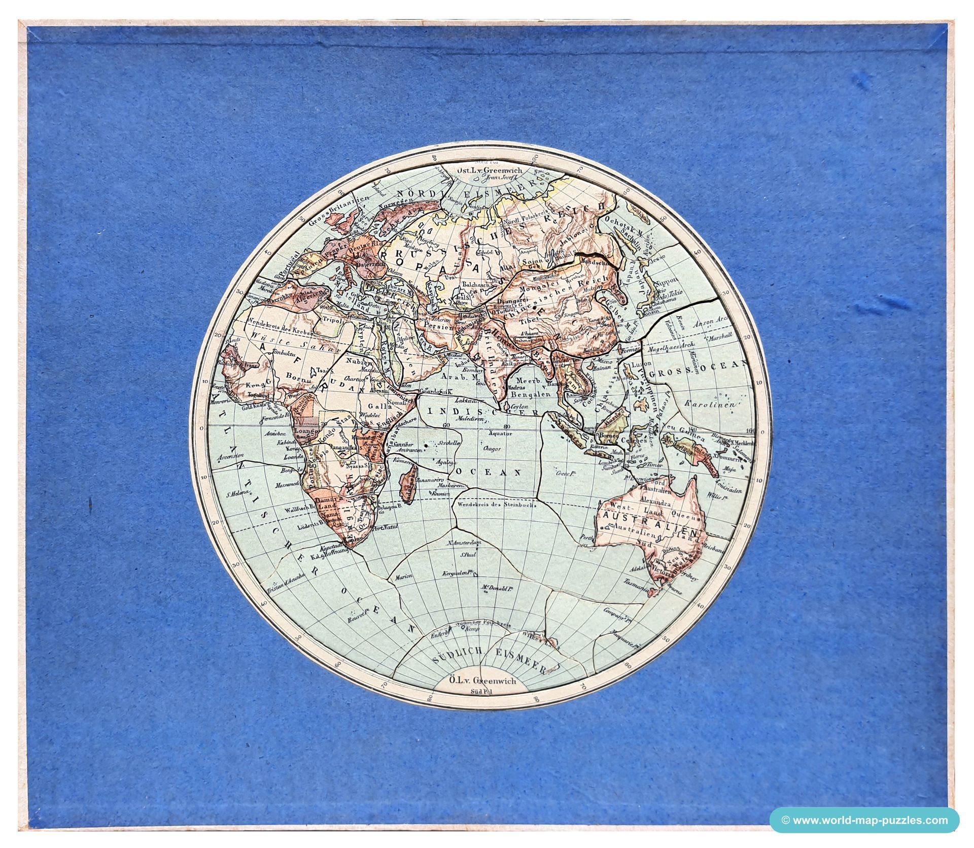 Geographisches Geduldspiel
Otto Maier Ravensburg
(Geographical Patience Game)
Eastern Hemisphere
Antique Map Puzzle