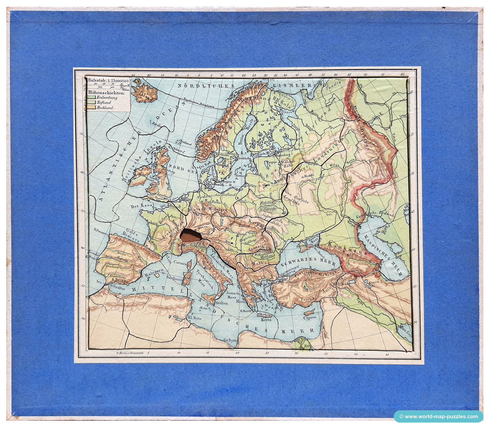 Geographisches Geduldspiel
Otto Maier Ravensburg
(Geographical Patience Game)
Map of Europe - physical
Antique Map Puzzle