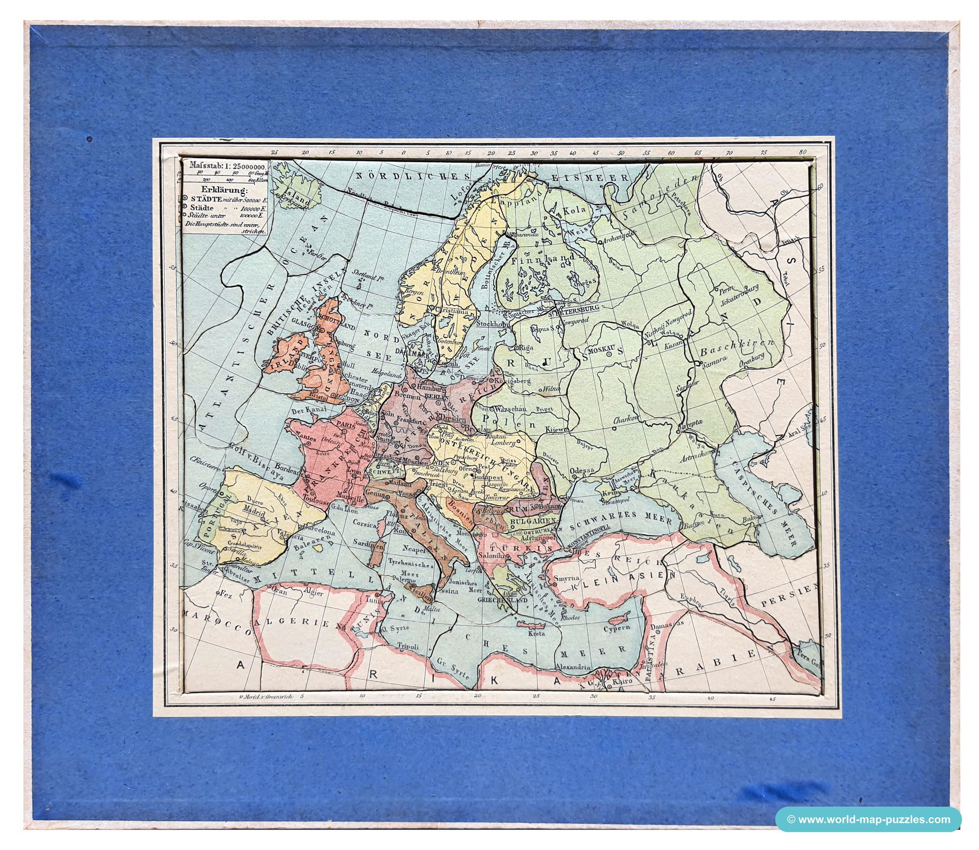 Geographisches Geduldspiel
Otto Maier Ravensburg
(Geographical Patience Game)
Map of Europe - political
Antique Map Puzzle