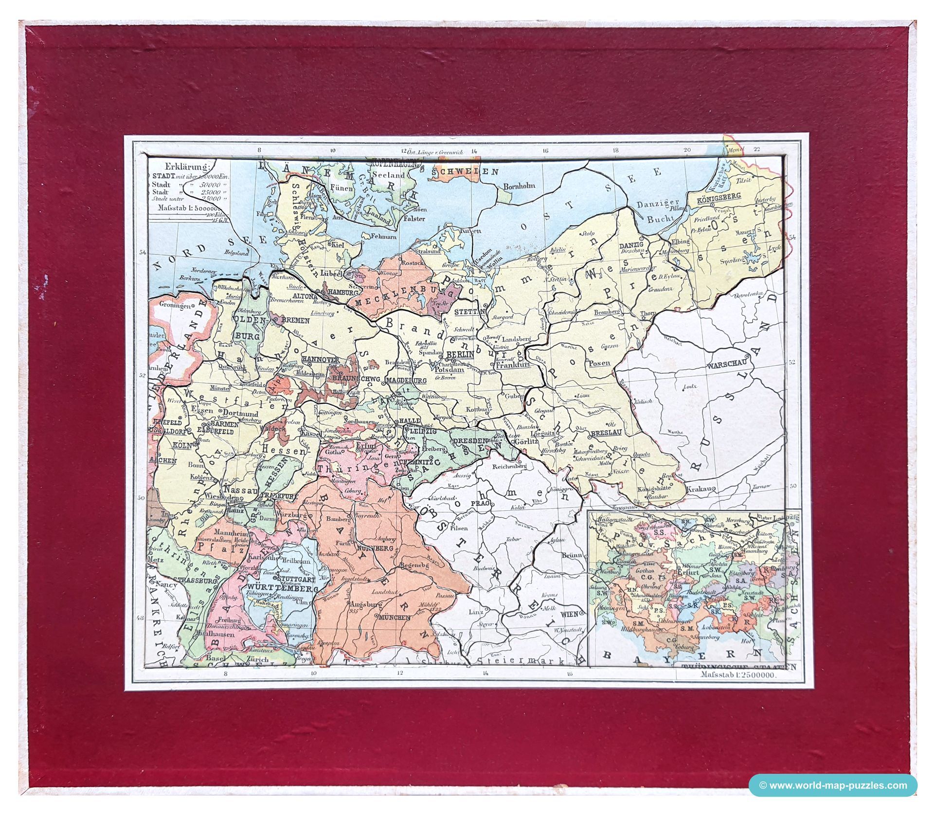Geographisches Geduldspiel
Otto Maier Ravensburg
(Geographical Patience Game)
Map of the German Reich - political
Antique Map Puzzle