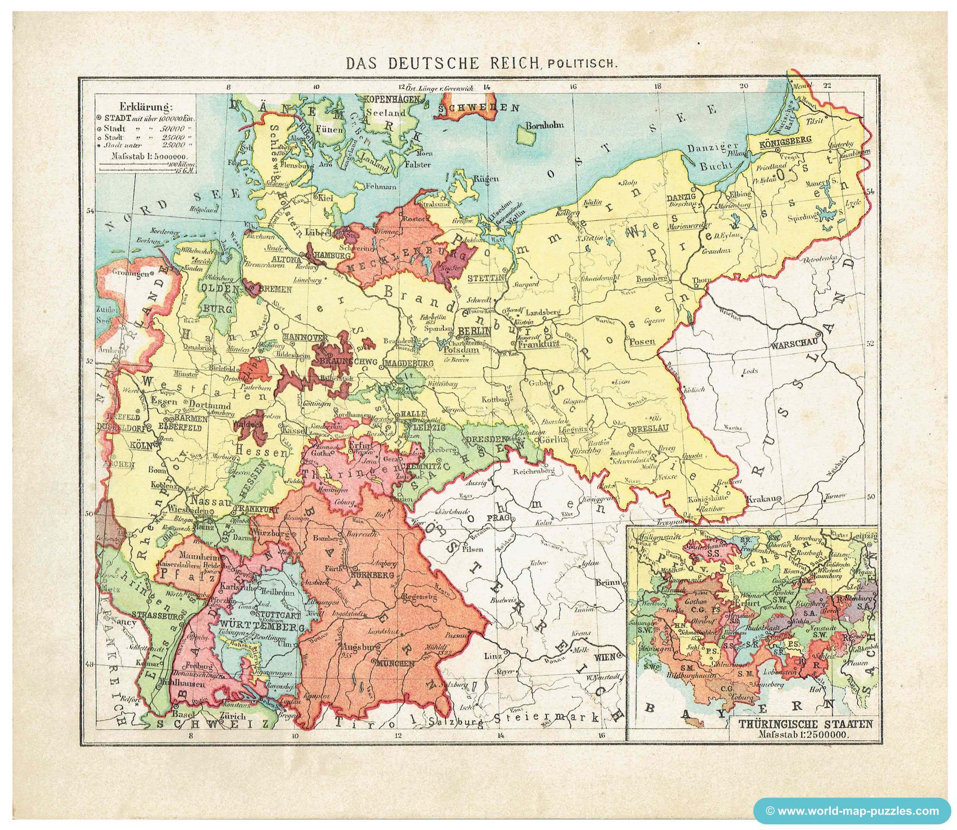 Geographisches Mosaik-Spiel Otto Maier Ravensburg
(Geographical Mosaic Game)
Map of the German Reich - political
Original map copy