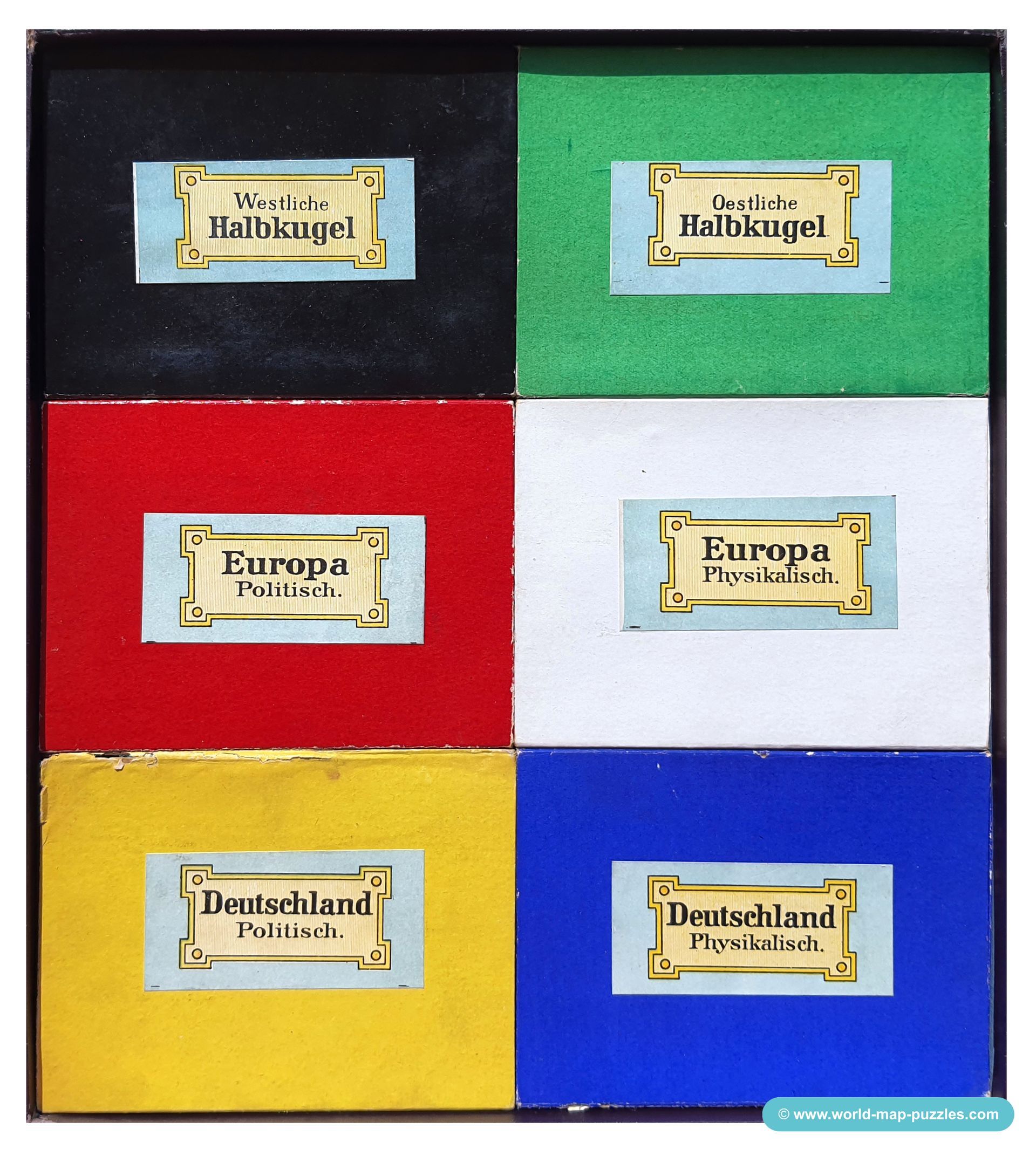 Geographisches Mosaik-Spiel Otto Maier Ravensburg
(Geographical Mosaic Game)
Box Content - Map puzzles of:
Western & Eastern Hemisphere, Europe political & physical, the German Reich political & physical