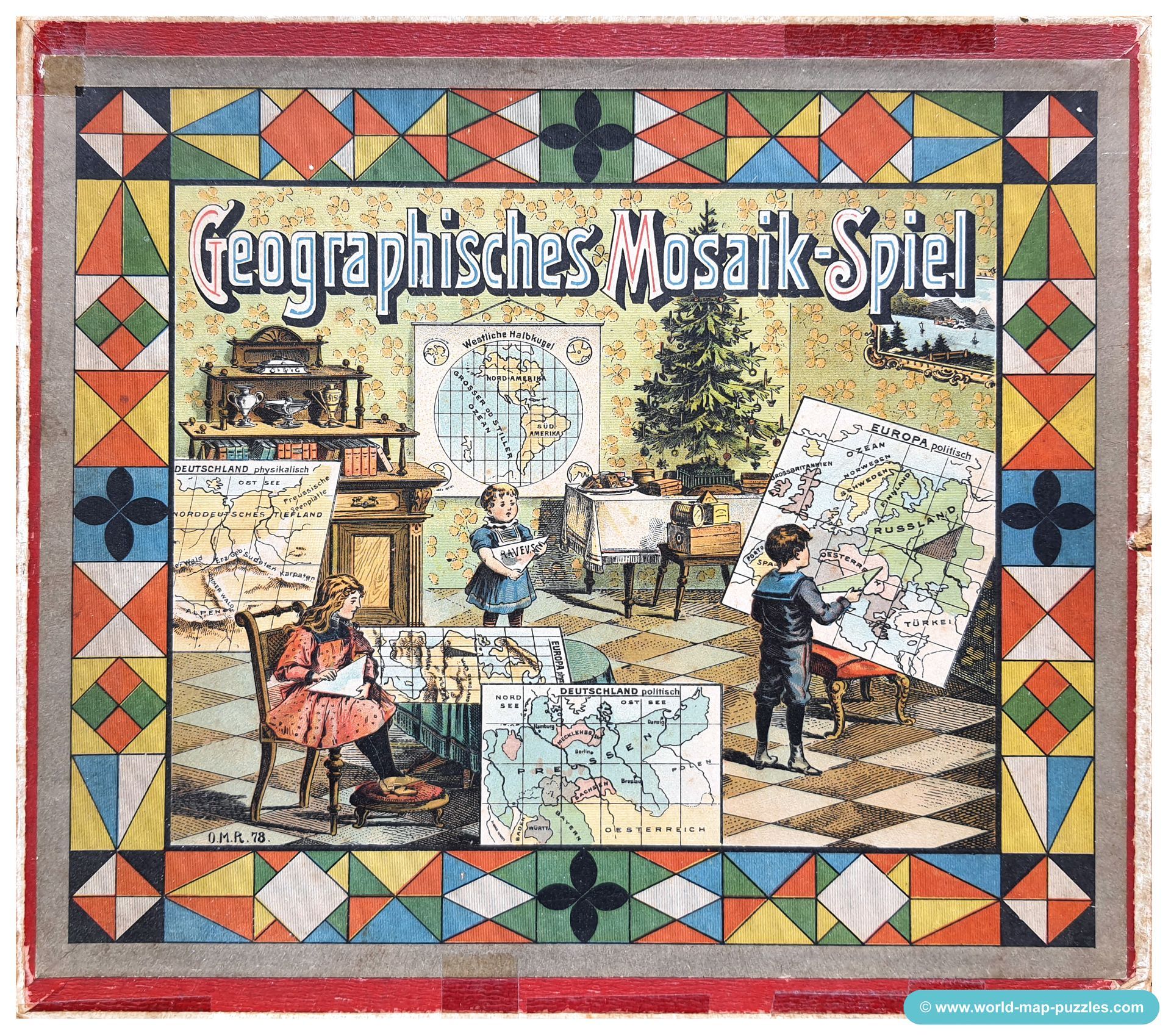 Geographisches Mosaik-Spiel Otto Maier Ravensburg
(Geographical Mosaic Game)
Box Cover