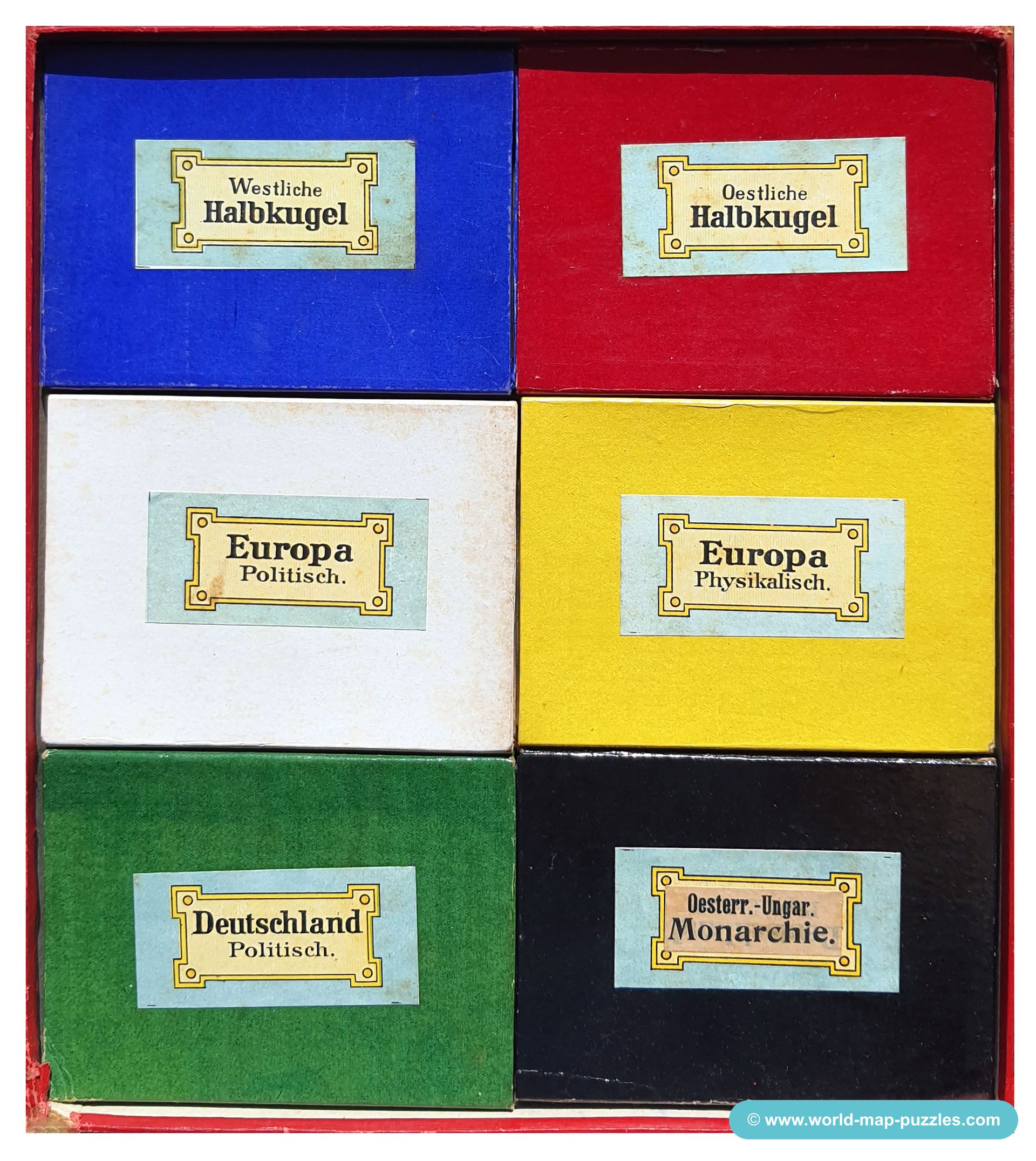 Geographisches Mosaik-Spiel Otto Maier Ravensburg
(Geographical Mosaic Game)
Box Content - Map puzzles of:
Western & Eastern Hemisphere, Europe political & physical, the German Reich political and the Austro-Hungarian Empire