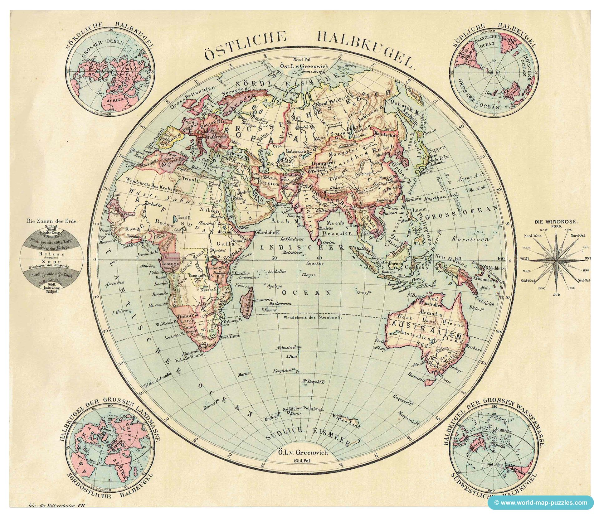 Geographisches Geduldspiel Otto Maier Ravensburg
(Geographical Patience Game)
Antique Map Puzzle
Eastern Hemisphere
Original map copy