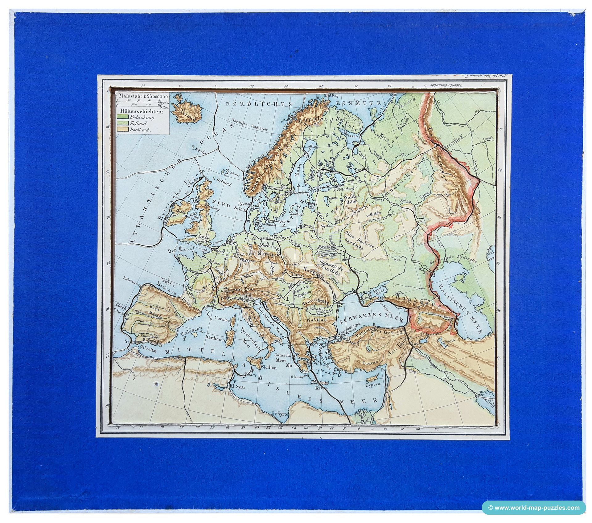 Geographisches Geduldspiel Otto Maier Ravensburg
(Geographical Patience Game)
Antique Map Puzzle
Map of Europe - physical