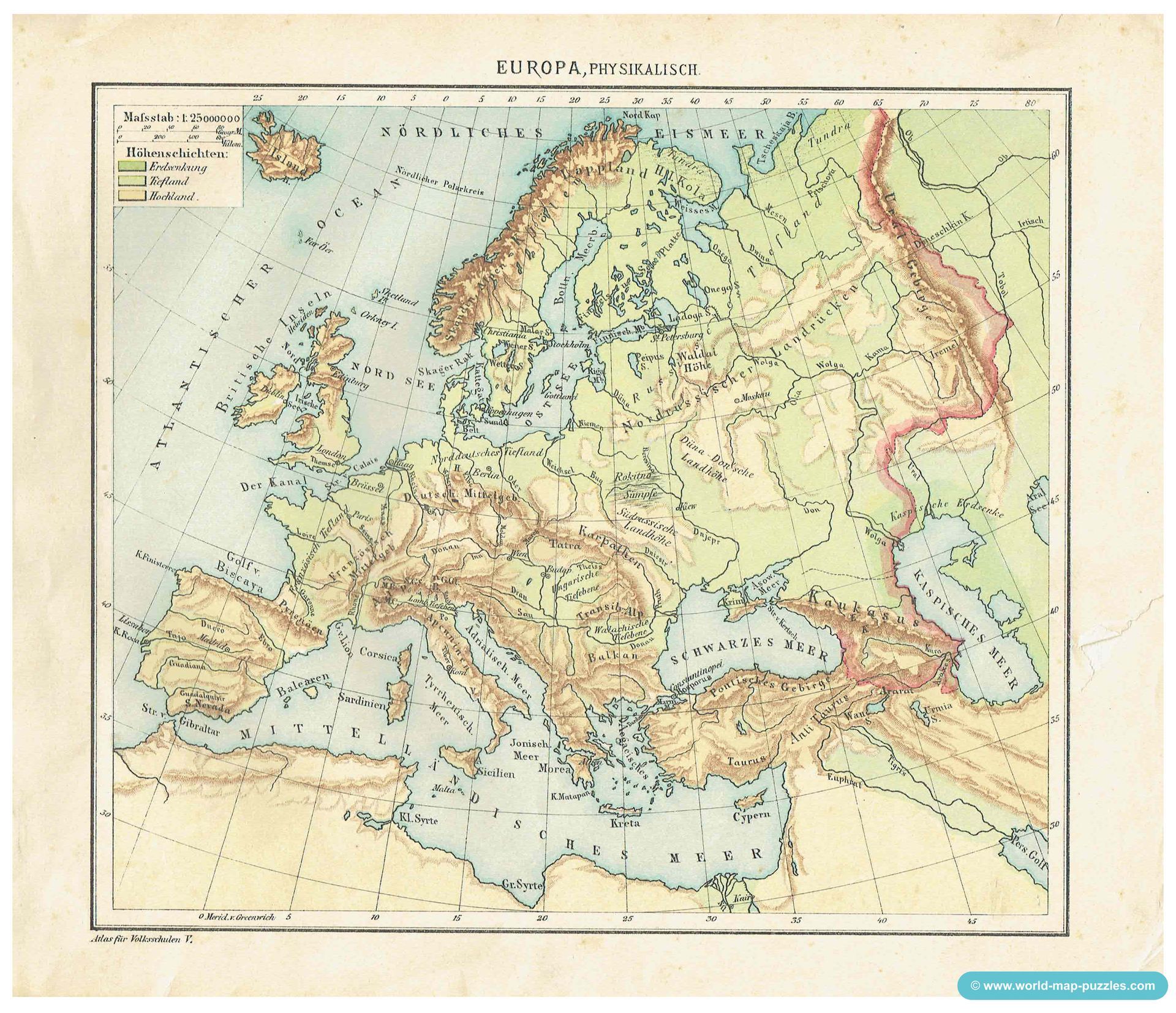 Geographisches Geduldspiel Otto Maier Ravensburg
(Geographical Patience Game)
Antique Map Puzzle
Map of Europe - physical
Original map copy