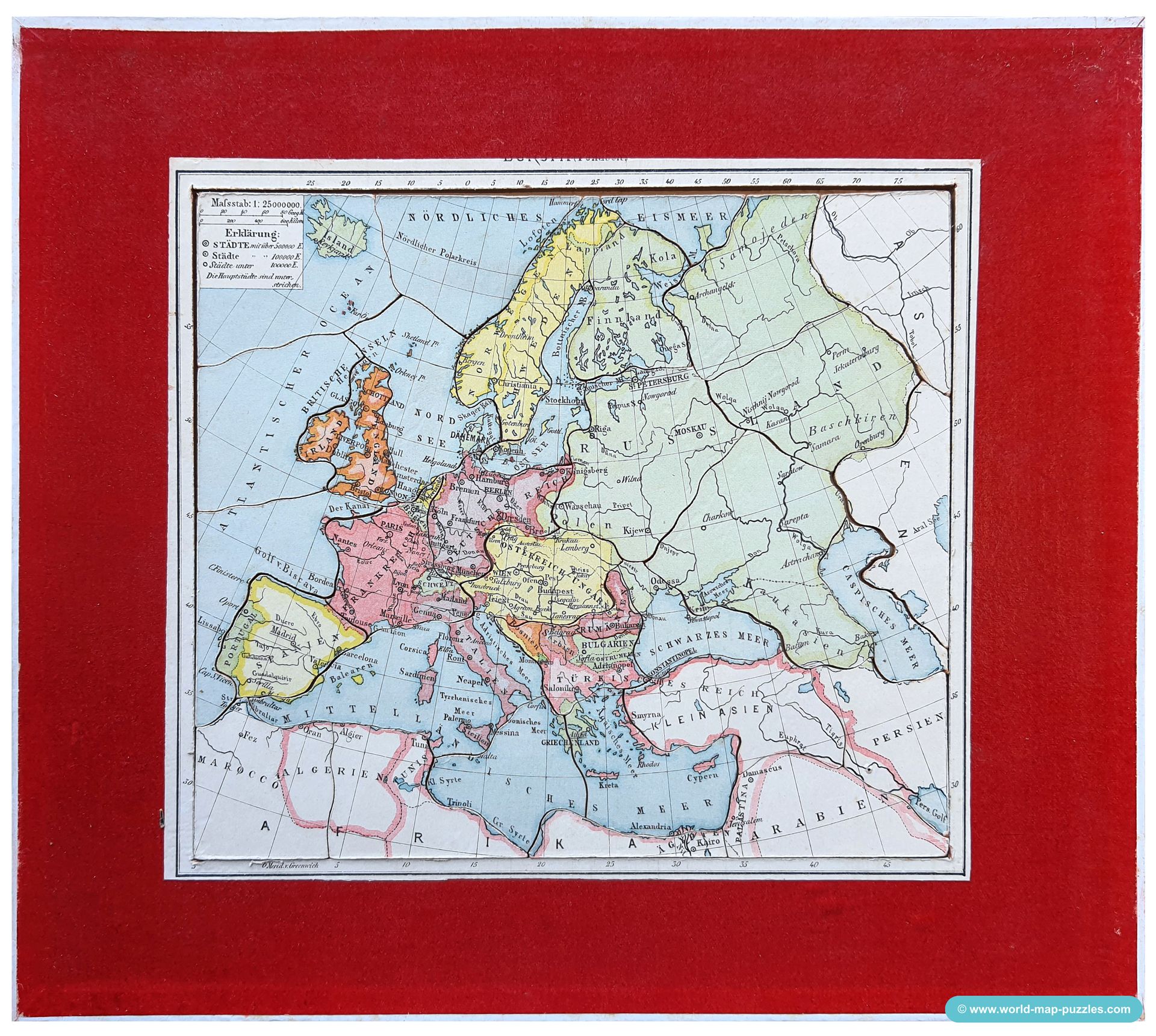 Geographisches Geduldspiel Otto Maier Ravensburg
(Geographical Patience Game)
Antique Map Puzzle
Map of Europe - political