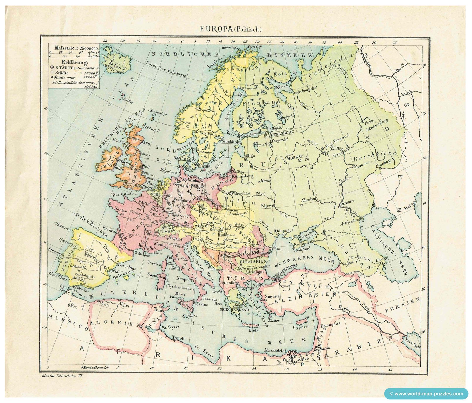 Geographisches Geduldspiel Otto Maier Ravensburg
(Geographical Patience Game)
Antique Map Puzzle
Map of Europe - political
Original map copy