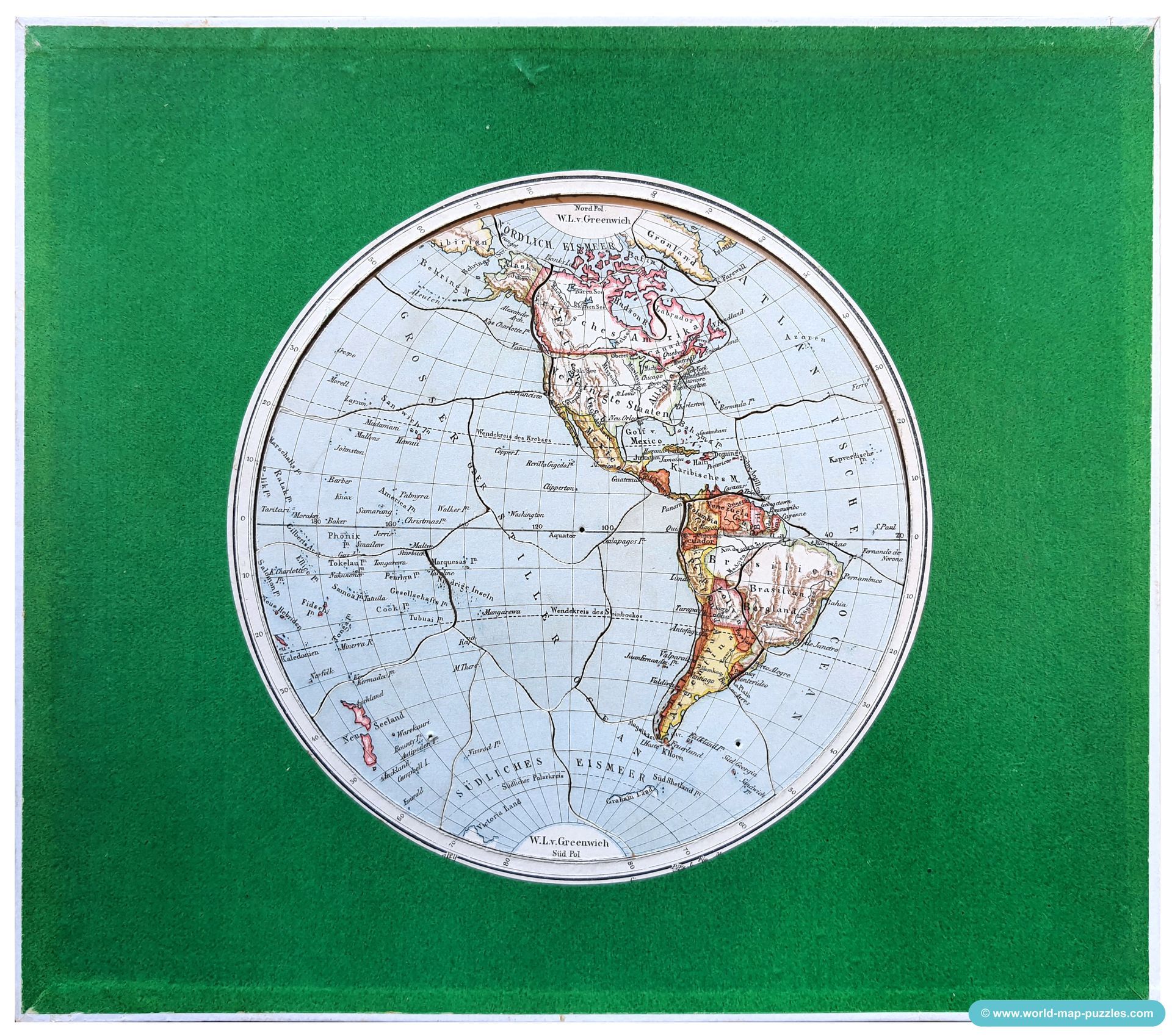 Geographisches Geduldspiel Otto Maier Ravensburg
(Geographical Patience Game)
Antique Map Puzzle
Western Hemisphere