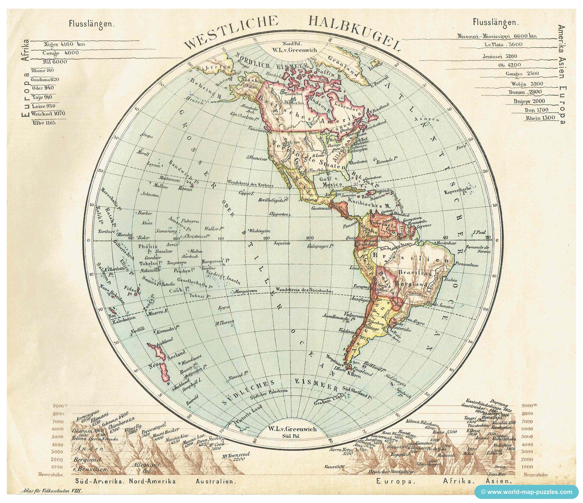 Geographisches Geduldspiel Otto Maier Ravensburg
(Geographical Patience Game)
Antique Map Puzzle
Western Hemisphere
Original map copy