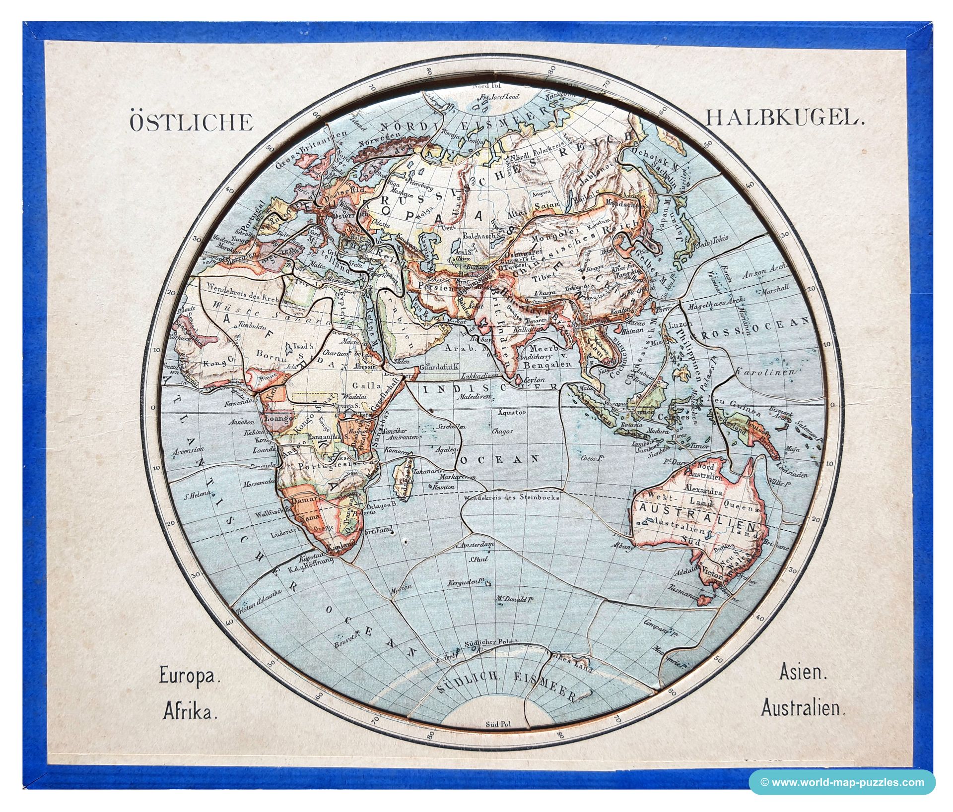 Geographisches Geduldspiel Otto Maier Ravensburg
(Geographical Patience Game)
Antique Map Puzzle
Eastern Hemisphere