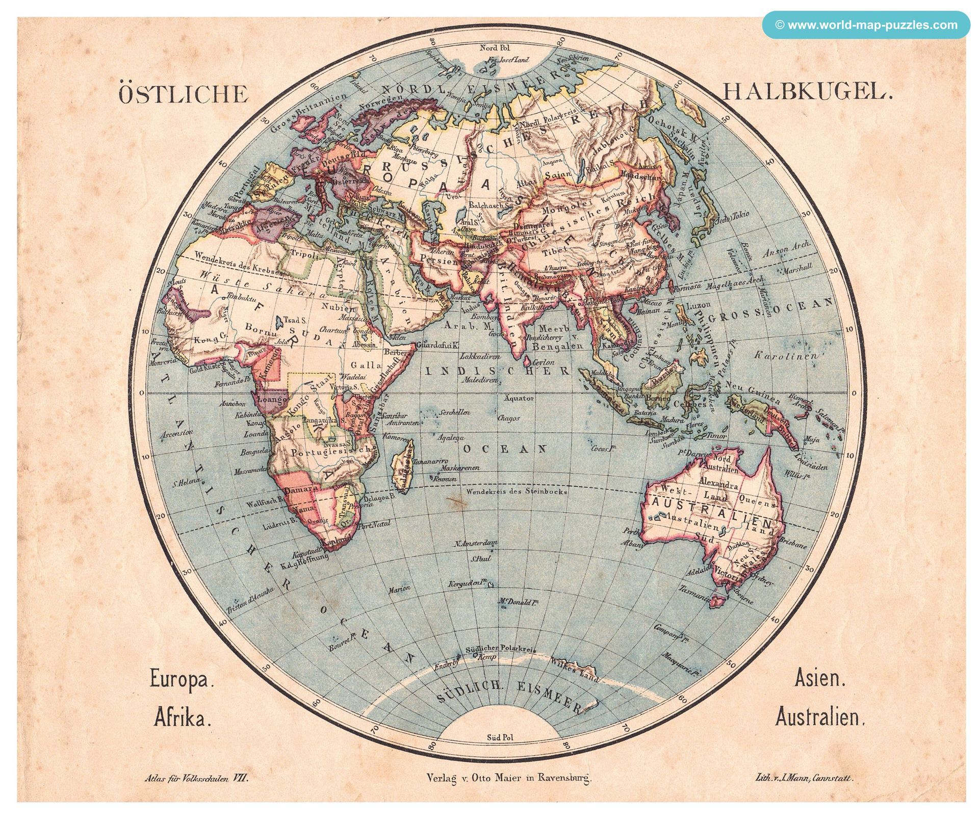 Geographisches Geduldspiel Otto Maier Ravensburg
(Geographical Patience Game)
Antique Map Puzzle
Eastern Hemisphere
Original map copy